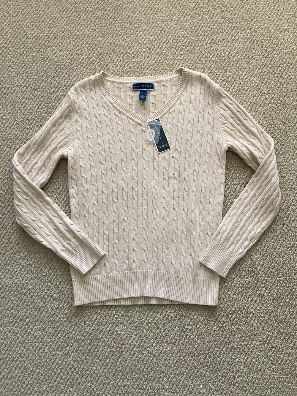 NEW Karen Scott Ivory Cable-Knit V-Neck Sweater Size Small NWT